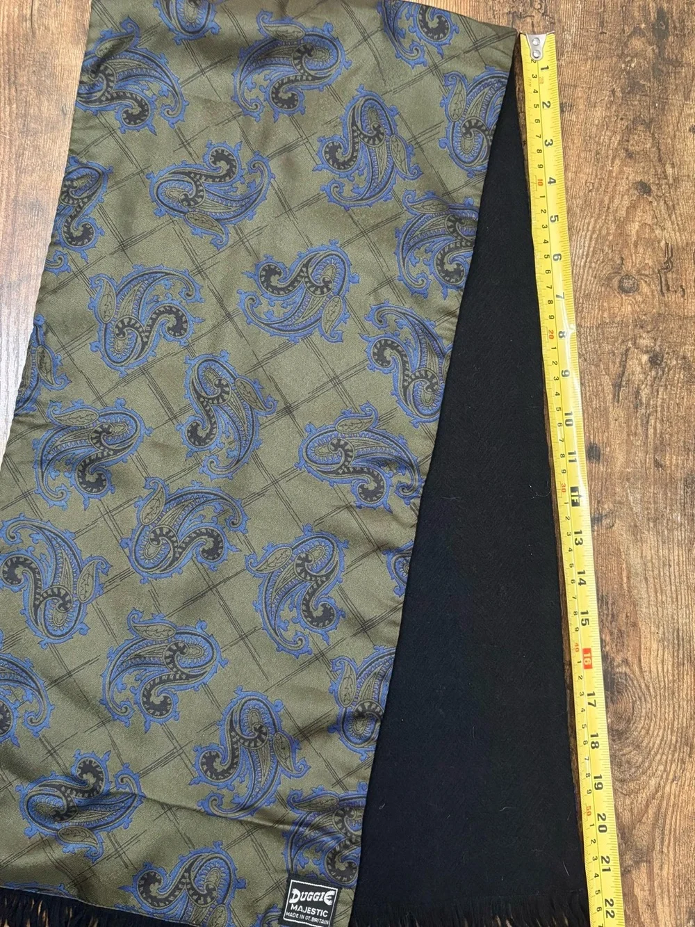 Duggie Majestic Vintage Olive/Blue Paisley Silk/Wool w/ Fringe Opera Scarf